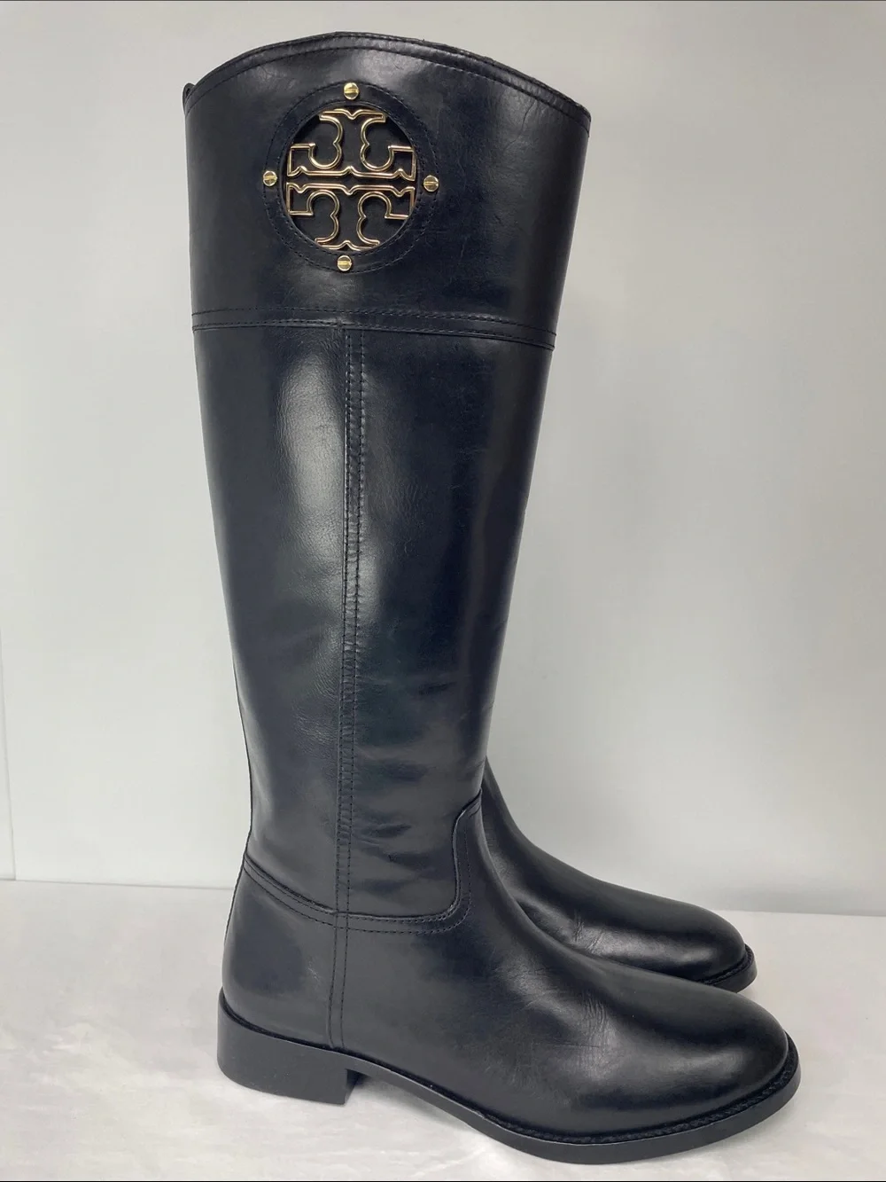 Tory Burch Black Leather Riding Boots with Gold Logo, Size 9